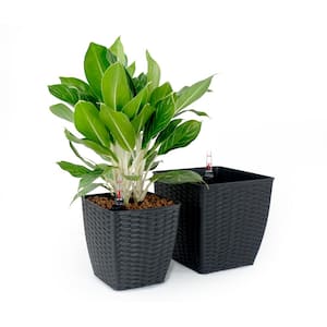 Medium 12 in. and 10 in. Smart Self-Watering Square Planter with Water Level Indicator - Hand Woven Wicker (2-Pack)