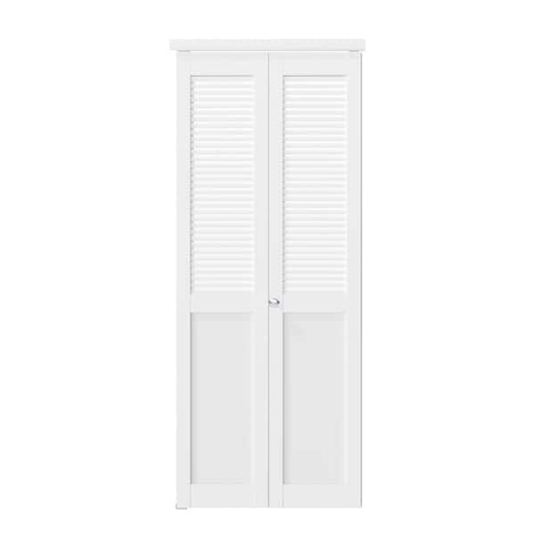32 in. x 80 in. Solid Core MDF Wood White PVC Covering Half Louver Half Panel MDF Bi-Fold Door with Hardware Kits