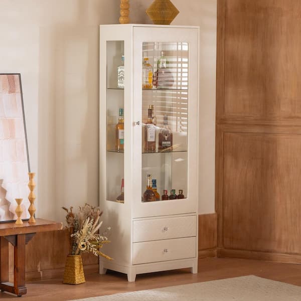 Harper & Bright Designs White 71 in. Tall Storage Cabinet with 3 Adjustable Shelves, Upholstered Glass Door, 2 Drawers, LED Ceiling Light