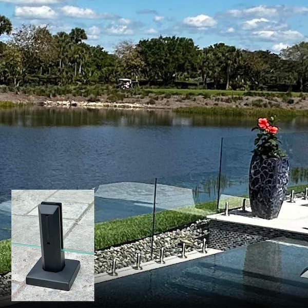 24 in. x 39 in. CVGR Hercules Glass Panel with 2-Square Matte Black Spigots Per Panel