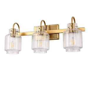 23 in. Gold 3-Light Vanity Light with Ribbed Bottle Glass Bathroom Wall Sconce for Bathroom and Hallway