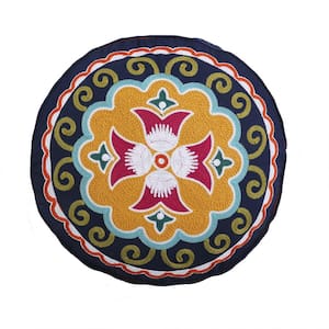 Amelie Navy, Multicolored Medallion Embroidered 18 in. x 18 in. Round Throw Pillow