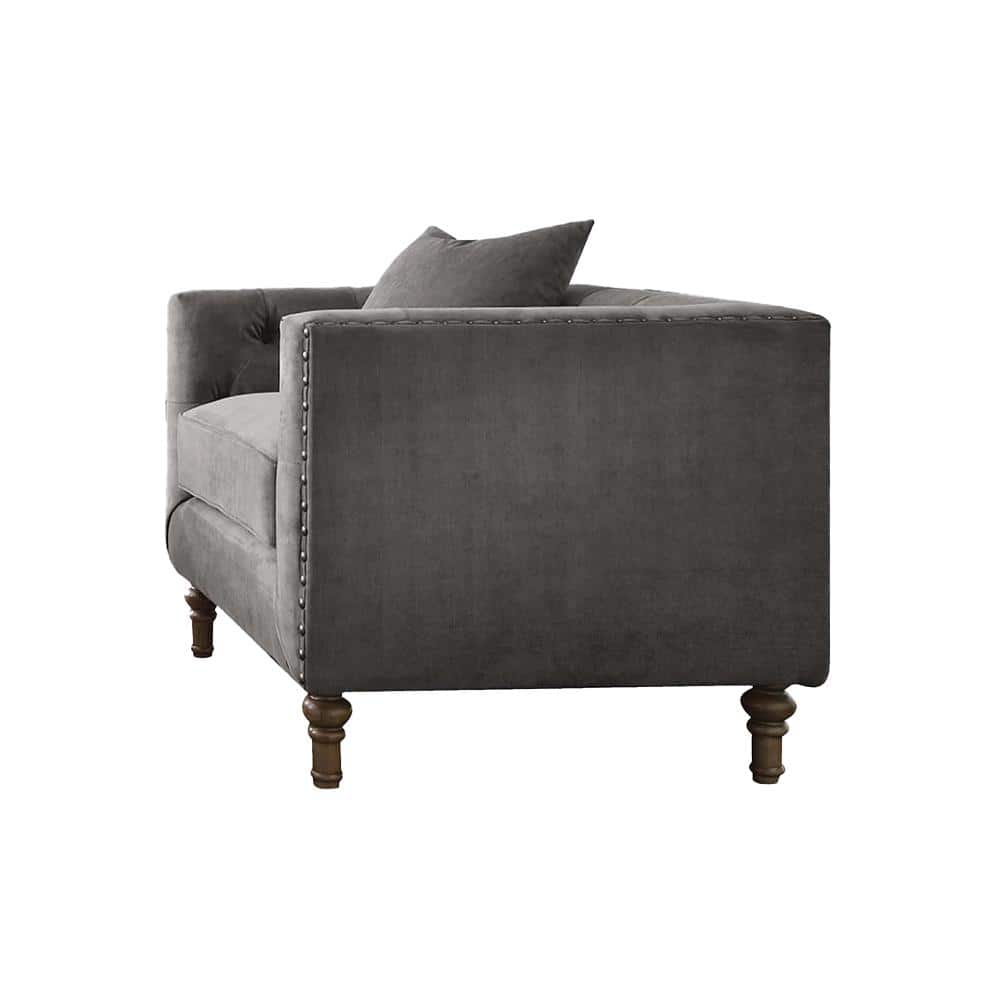 Gray Velvet Handcrafted Accent Chair with Wood Legs