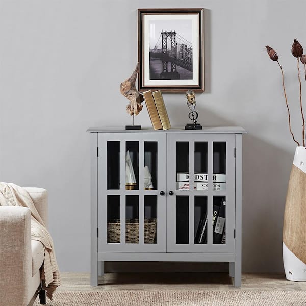 Gray Storage Buffet Cabinet Glass Door Sideboard Console Table Server