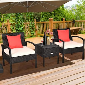 3-Piece PE Metal Rattan Patio Conversation Sofa Set with Removable Cushion in Off White