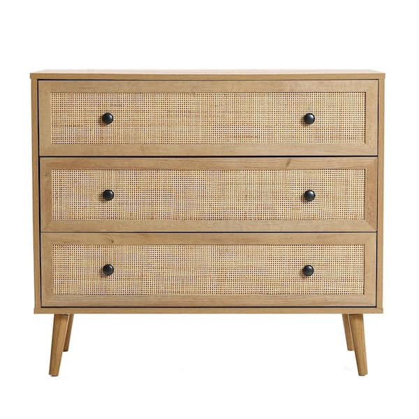 LuxenHome Light Oak 35.4 in. Rattan Wood Dresser