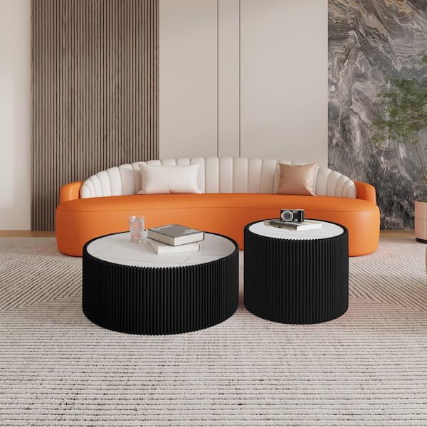 Halvion Modern 29.52 in. Black Round PU Leather Cylinder Light Marble Top Coffee Table