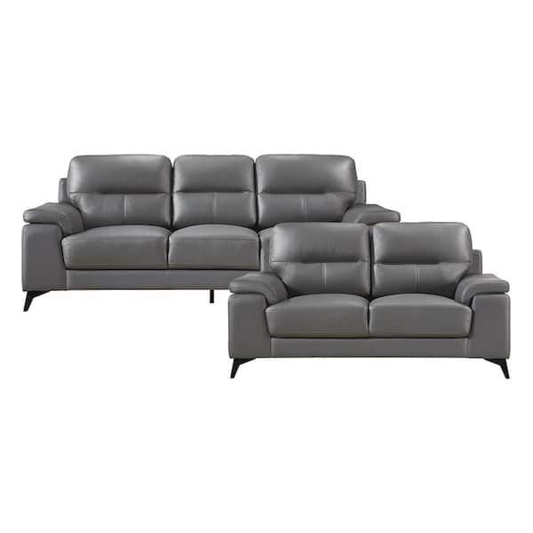 Lazzara Argonne 88.75 in. W Straight Arm Leather Rectangle 2-Piece Living Room Sofa Set in Dark Gray