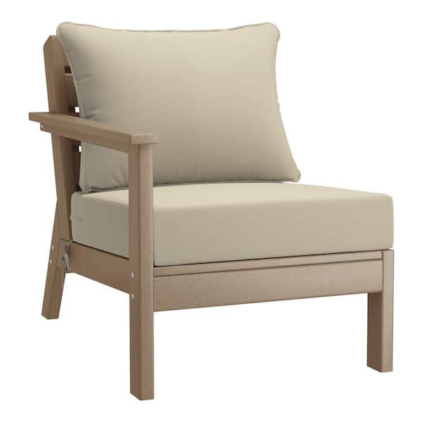 Birchwood Outdoor Patio Deep Seating Left Facing Arm HDPE Lounge Chair in Weathered Wood with Beige Cushions
