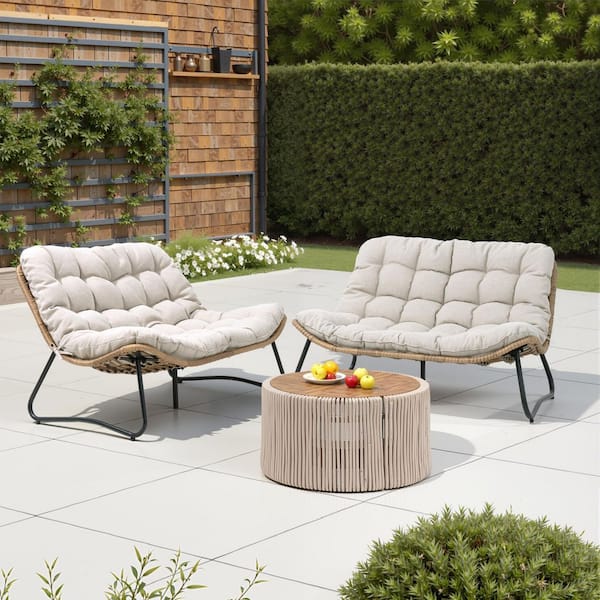 2-Piece Metal Frame Brown Faux Rattan Wicker Outdoor Loveseat with Beige Cushion