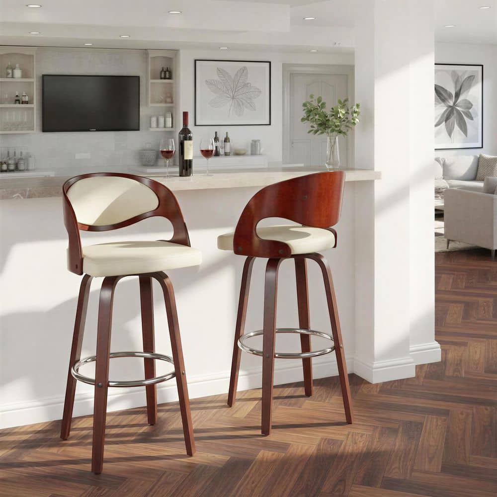 Lumisource Pino 29.5 in. White Faux Leather, Cherry Wood and