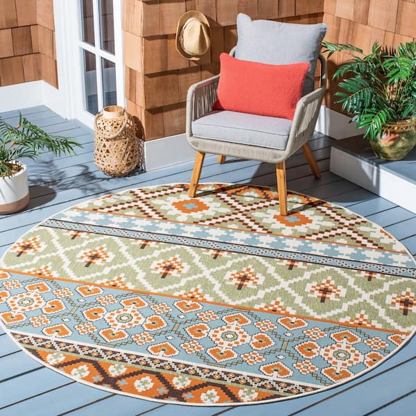Veranda Green/Terracotta 8 ft. x 8 ft. Tribal Aztec Indoor/Outdoor Patio  Round Area Rug