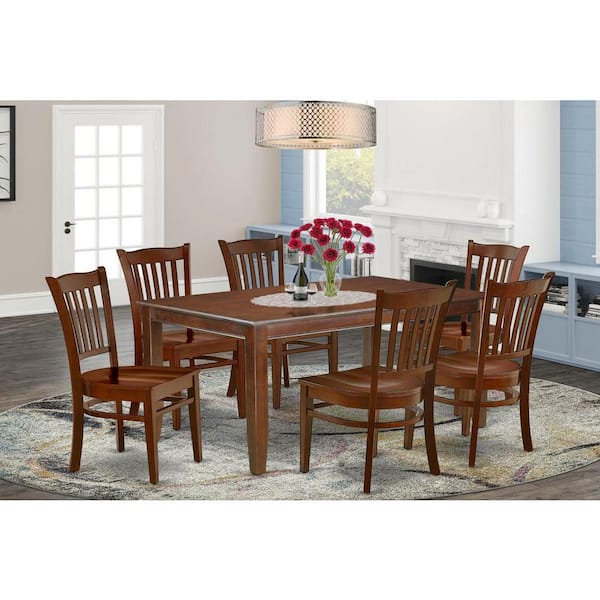 East West Furniture 7-Piece Rectangle Mahogany Finish Solid Wood Top Dining Table with 6-Chairs with Lattice Back