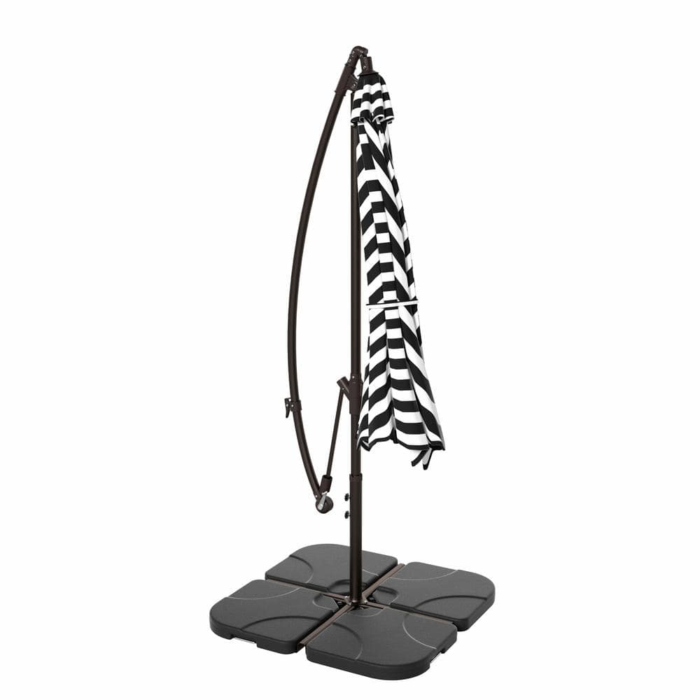 10 ft Black and White Striped Steel Cantilever Patio Umbrella with Base
