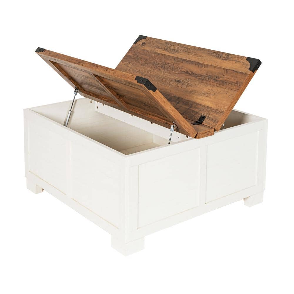 Rustic White and Oak Lift-Top Storage Coffee Table