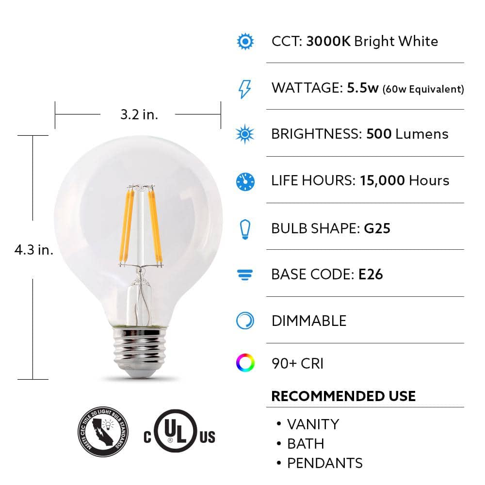 Feit Electric Clear Glass Globe LED Bulbs, Pack of 3