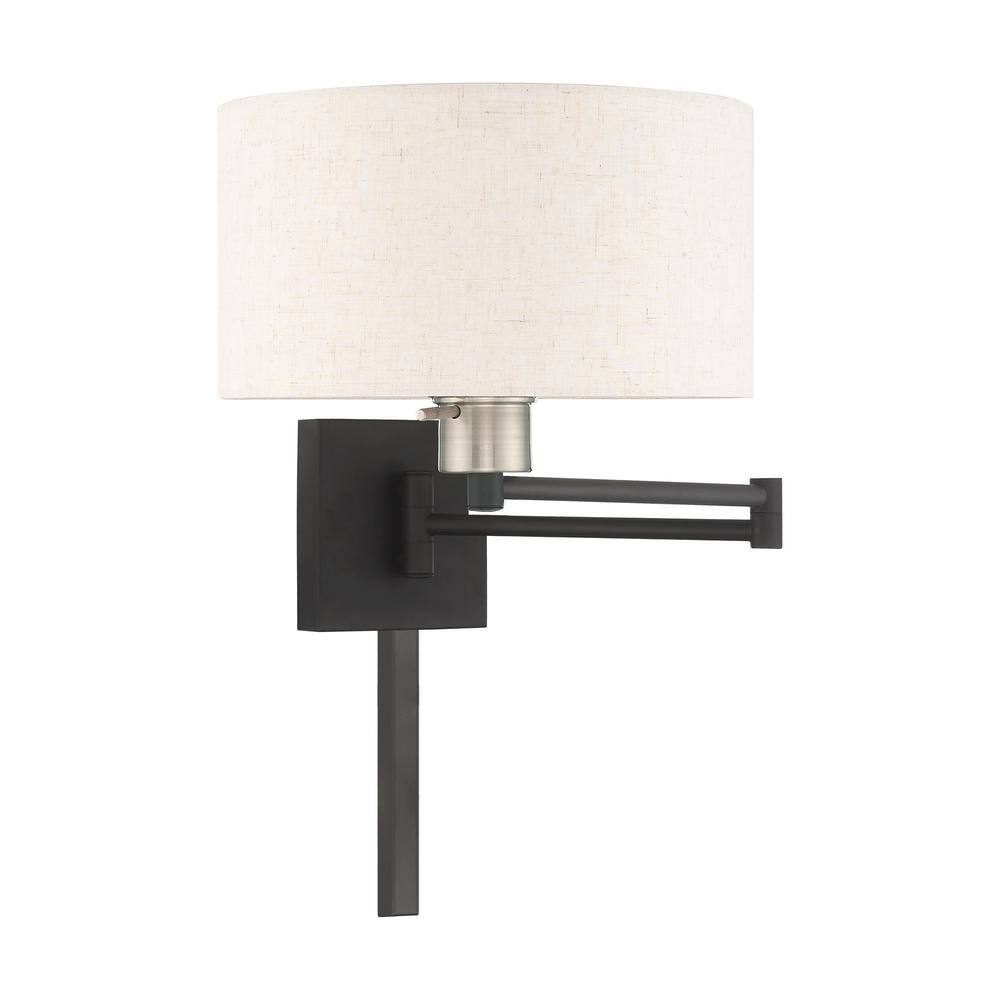 Black Steel Swing Arm Wall Lamp with Oatmeal Fabric Shade