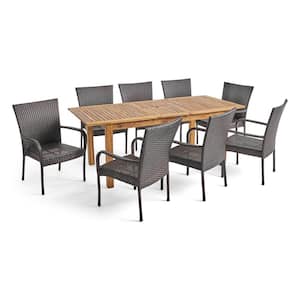 Hayes Natural 9-Piece Wood and Multi-Brown Faux Rattan Outdoor Dining Set