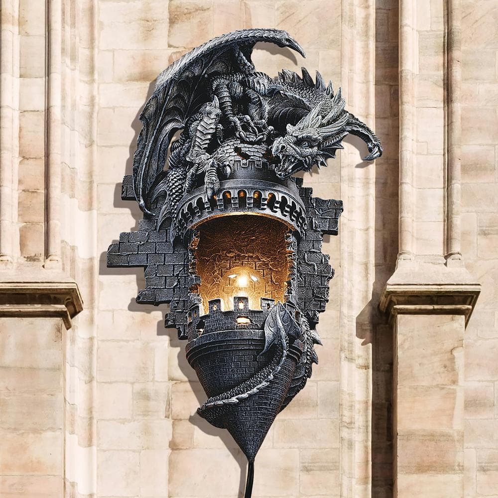 Gothic Dragon Castle Turret Wall Sconce in Grey Stone