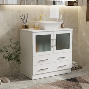 29.9 in. W x 17.1 in. D x 29.3 in. H Bath Vanity in White with Marble Top, Bathroom Cabinet with Glass Doors & 2 Drawers