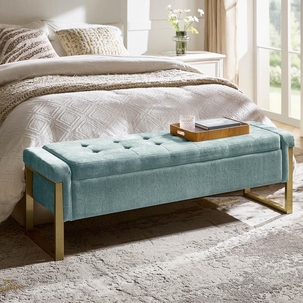 Alina Modern Upholstered Flip Top Storage Bench with Metal Legs-BEIGE