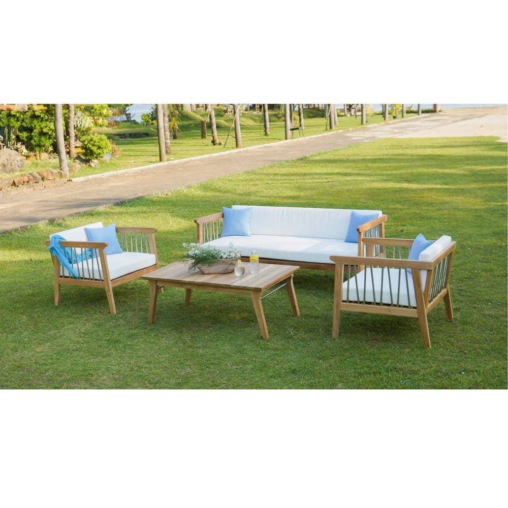 DIRECT WICKER Fern Teak 4Piece Wood Patio Conversation Set with White