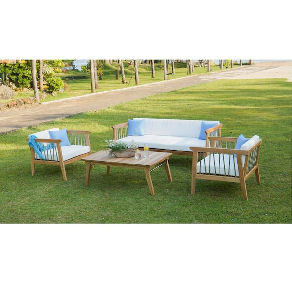 DIRECT WICKER Fern Teak 4-Piece Wood Patio Conversation Set with White Cushions