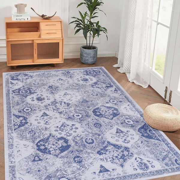 NAAR MAVAL Blue Washable Rug 5 ft. x 8 ft. Blue Geometric Area Rug