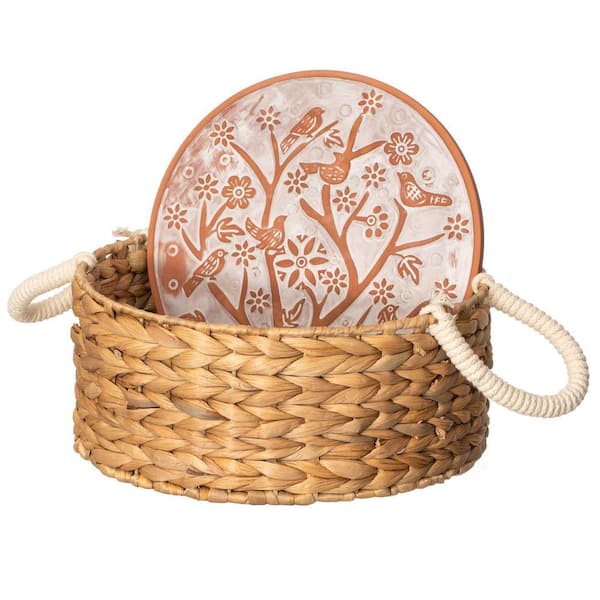 Handwoven Wicker Bread Basket with Terracotta Stone Warmer and Rope Handles for Kitchen, Dining, Bird Design