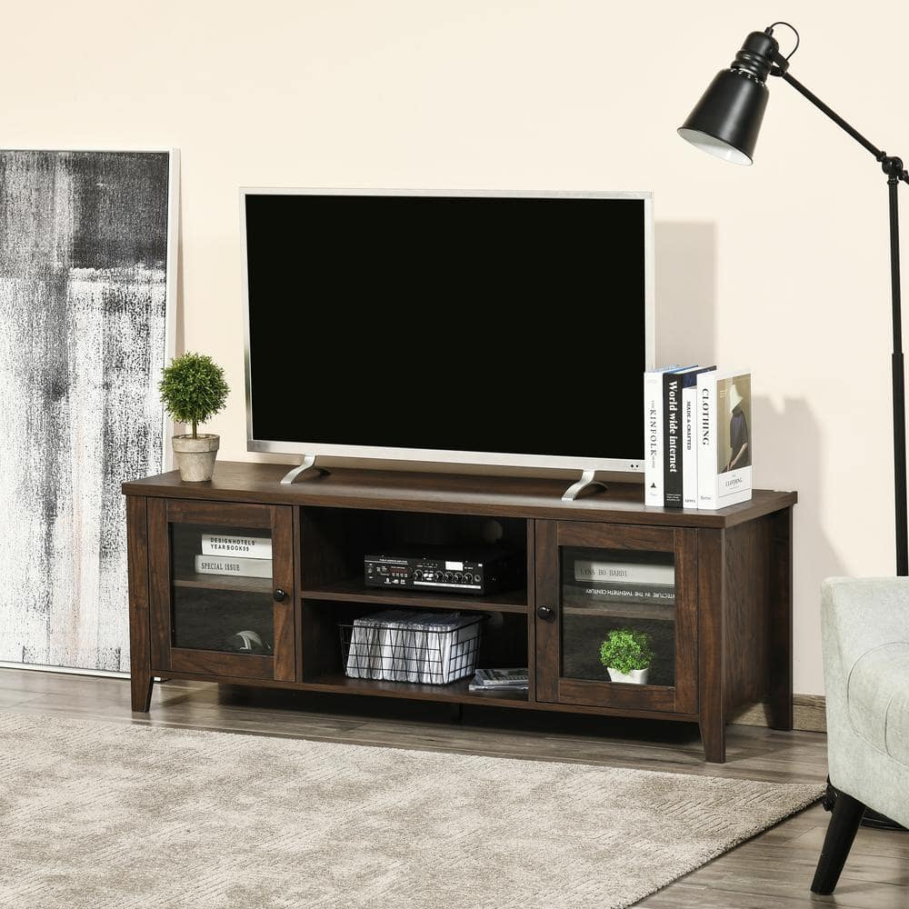 Modern Coffee Brown Wood TV Stand with Shelves and Cabinets