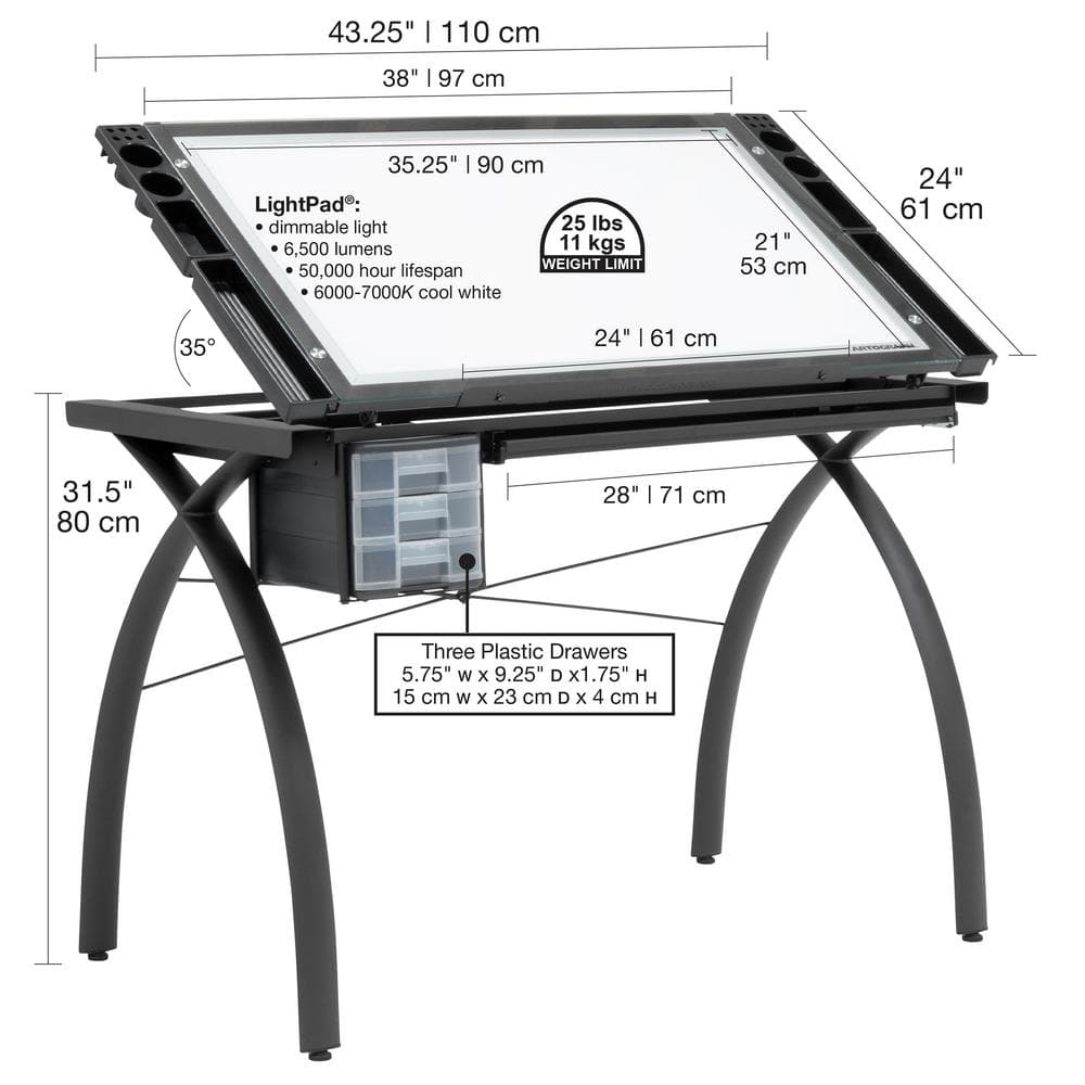 Agustina 43.25'' Brown Glass Top Adjustable Light Desk with Metal Base