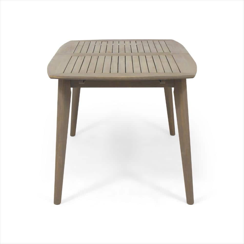 Expandable acacia wood rectangular dining table in neutral gray.