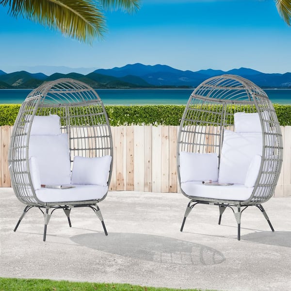 BFB 2 -Pieces Outdoor Oversized Gray Rattan Egg Chair Indoor Outdoor Chair