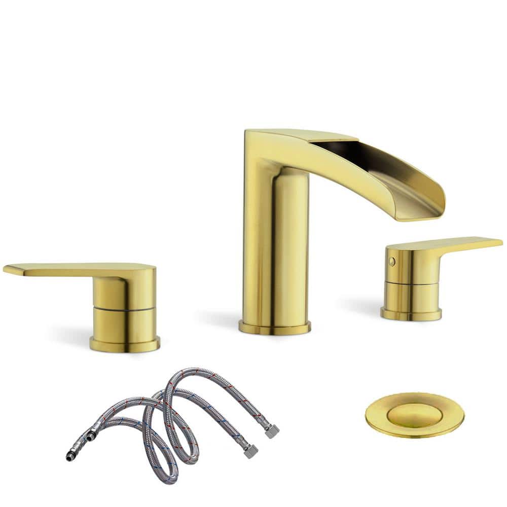 Phiestina 8 in. Widespread Waterfall 3-Hole Bathroom Faucet with Pop-Up Drain, Water Supply Line in Brushed Gold -  HDNS-WF005-BG