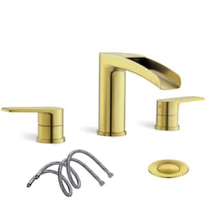 8 in. Widespread Waterfall 3-Hole Bathroom Faucet with Pop-Up Drain, Water Supply Line in Brushed Gold