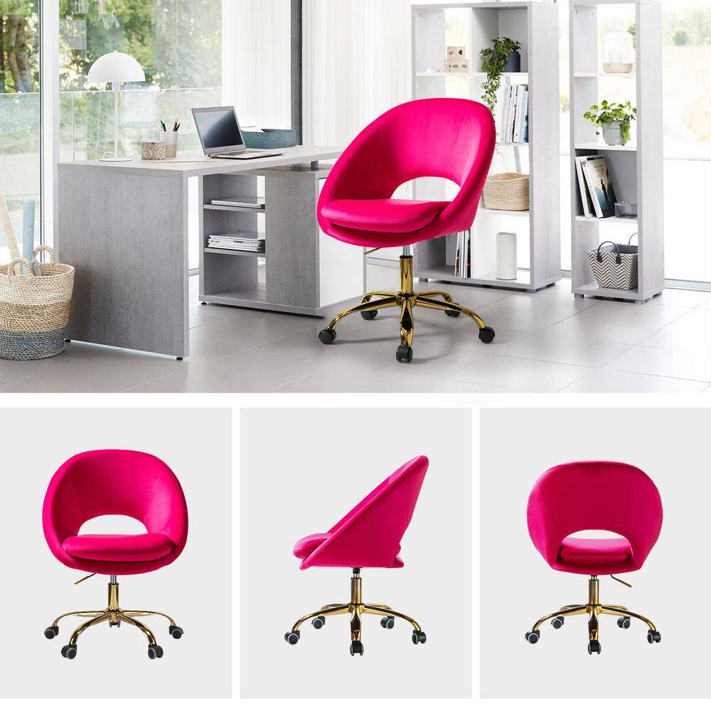 Ergonomic Fuchsia Velvet Swivel Task Chair with Gold Metal Base