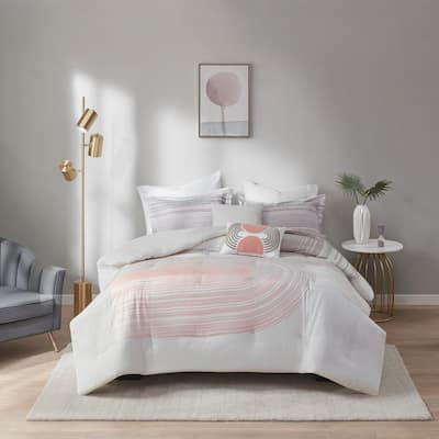 Adrian 5-Piece Blush/Grey Full/Queen Cotton Printed Comforter Set