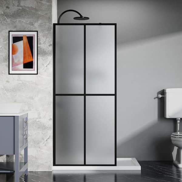 ES-DIY 34 in. W x 72 in. H Fixed Single Panel Frameless Shower Door in Black Finish with 1/5 in. (5 mm) Frosted Glass