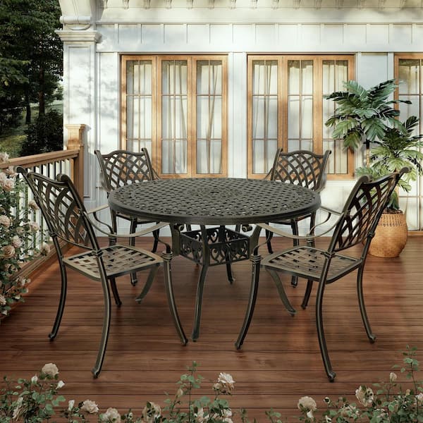 Boyel Living 5-Piece Aluminum Outdoor Serving Dining Set in Bronze(1-Table and 4-Checkered Weave Chairs)