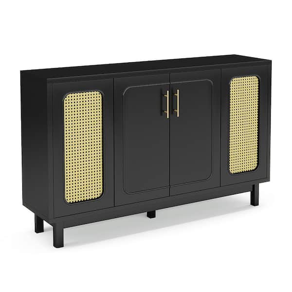 TRIBESIGNS WAY TO ORIGIN Alan Black Wood 55 in. Sideboard Buffet Cabinet with Rattan Doors and 10 Storage Compartments for Kitchen Dining Room