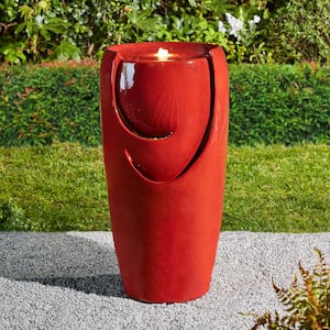 29.25 in. H Oversized Red Ceramic Pot Fountain with Pump and LED Light