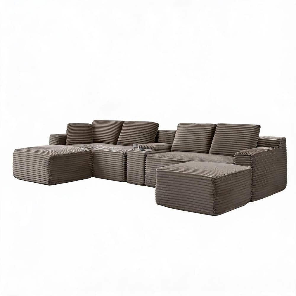 127 in. Square Arms 5-piece Corduroy U-Shaped Modular Sectional Sofa with Cup Holders, USB Ports & Storage in Brown