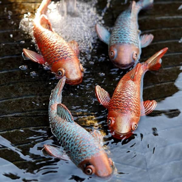 Set of 2 Antique Koi Fish Statue, Outdoor Garden Sculpture for