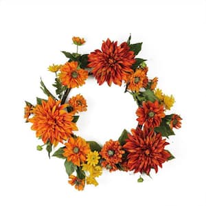 22 in. Artificial Autumn Harvest Orange Mums and Yellow Daisies Floral Unlit Wreath