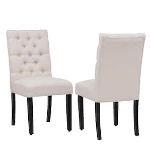NINA Button Tufted Back Beige Linen Upholstered Dining Side Chair (Set of 2)