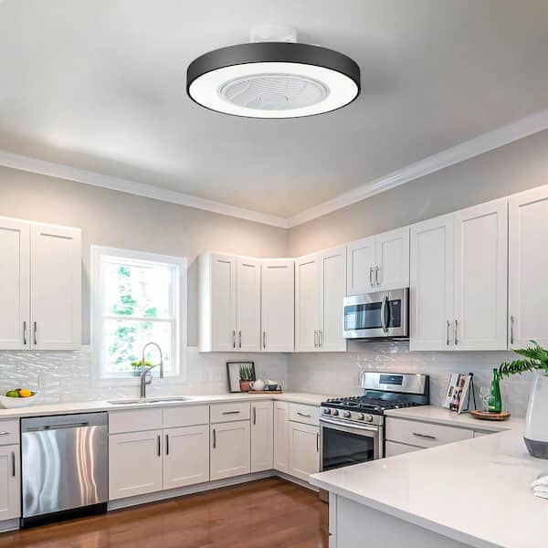 21 in. Integrated LED Indoor Modern Black Round Style Enclosed Flush Mount Ceiling Fan Light with Remote Control
