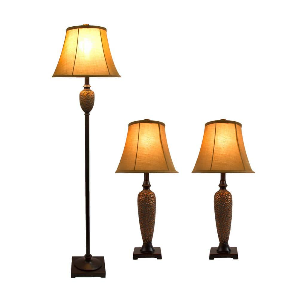 Hammered Bronze 3-Way Switch Lamp Set with Light Brown Shades