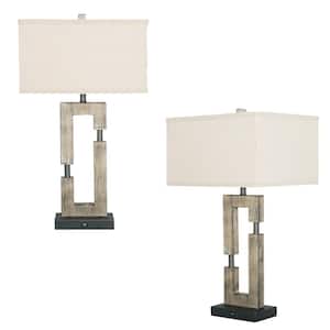 25.9 in. Wood Oatmeal Modern Minimalist USB Port Table Lamp With Shades (Set of 2)
