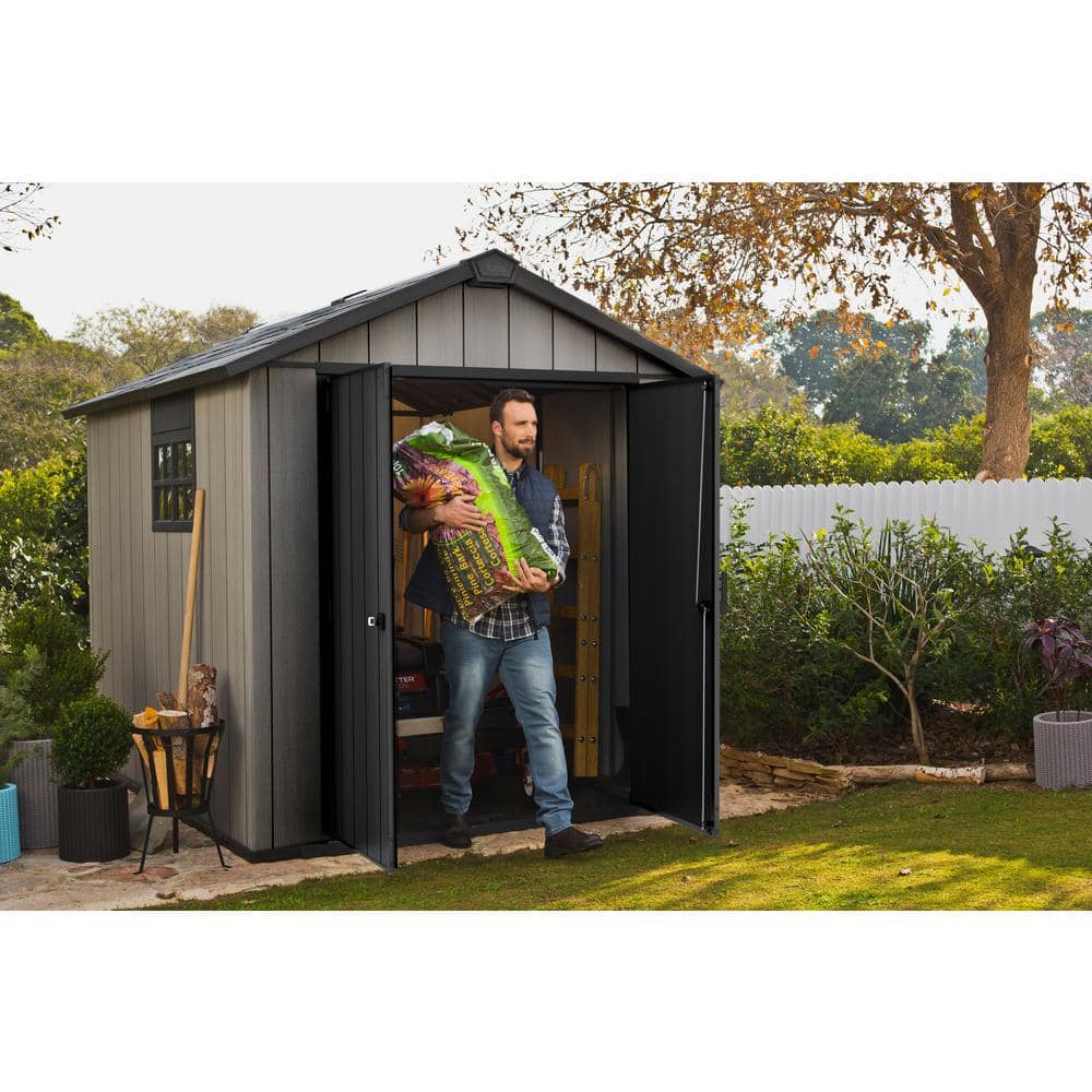 Gray Resin Outdoor Storage Shed with Double Doors and Skylight