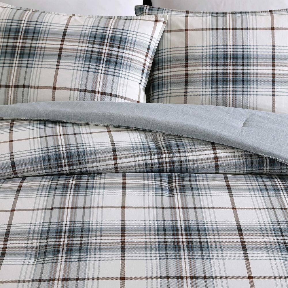 Alder Blue and Grey Plaid Cotton Twin Comforter Set